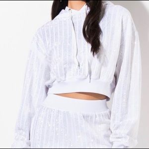 White rhinestone crystal crop hoodie Medium